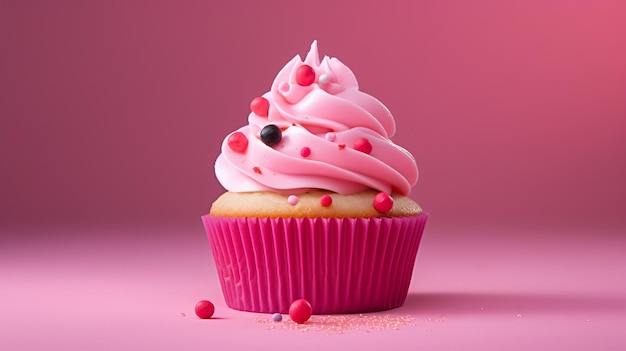 Photo gratuite cupcake d'anniversaire rose avec fond rose