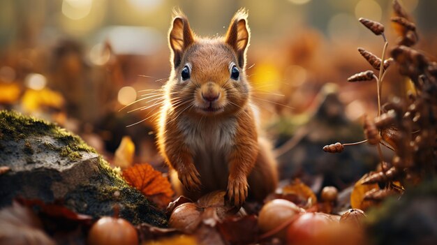 Écureuil dans la forêt d'automne L'écureuil roux est assis sur une bûche dans la forêt