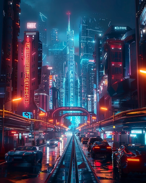 Photo gratuite cyberpunk city street at night with neon lights and futuristic aesthetic