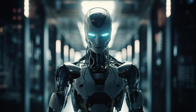 Cyborg futuriste avec bras robotique illuminé dans une ville moderne générée par l'IA