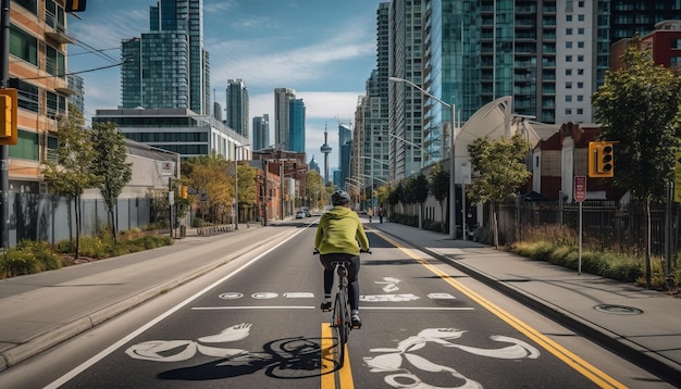 Les cyclistes de la ville passent devant les gratte-ciel en profitant de l'exercice généré par l'IA