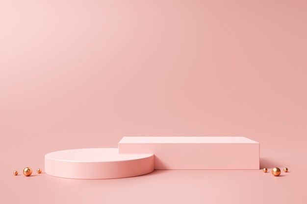 Cylindre en or rose et podium de forme produit minimal affichage piédestal fond rendu 3D