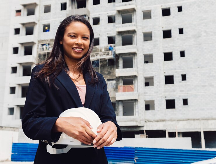Photo gratuit dame afro-américaine souriante tenant un casque de sécurité près du bâtiment en construction