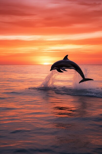 Dauphin sautant au-dessus de l'eau au coucher du soleil