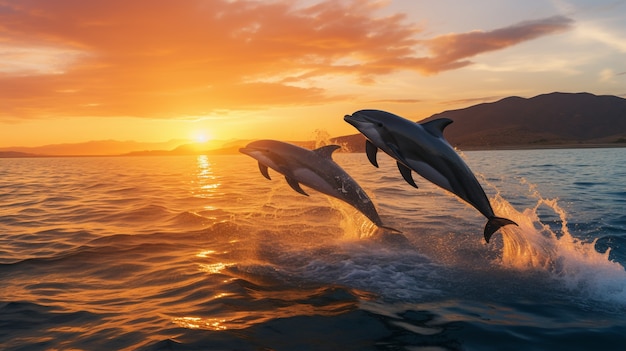 Photo gratuite dauphin sautant au-dessus de l'eau au coucher du soleil