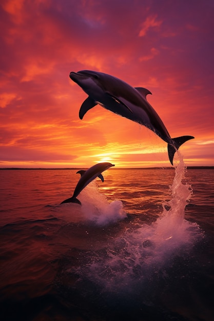 Photo gratuite dauphin sautant au-dessus de l'eau au coucher du soleil