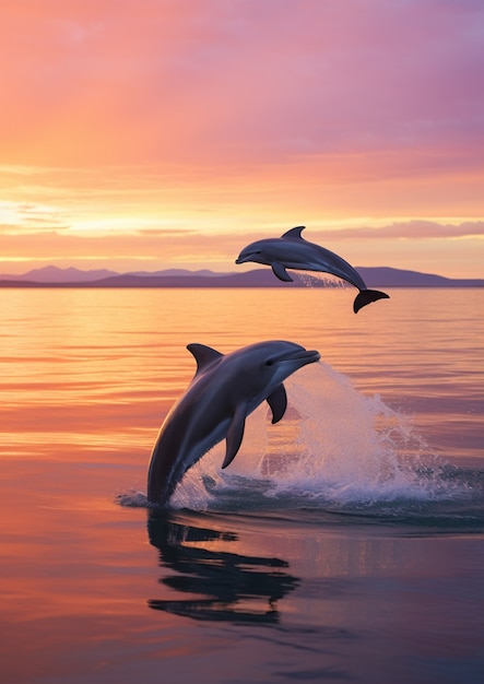 Photo gratuite dauphin sautant au-dessus de l'eau au coucher du soleil