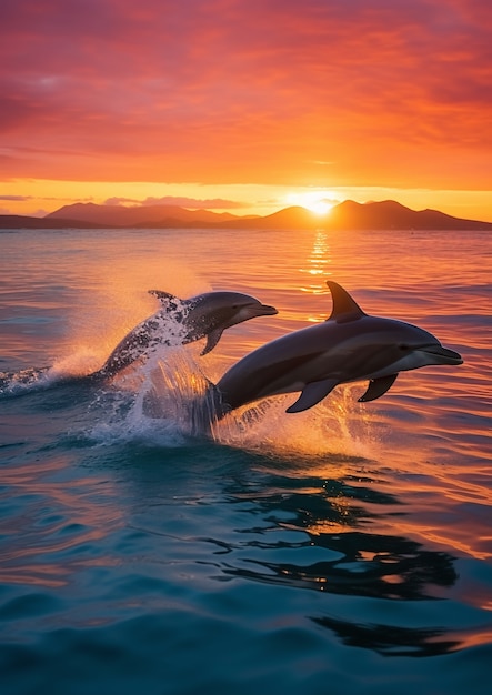 Photo gratuite dauphin sautant au-dessus de l'eau au coucher du soleil