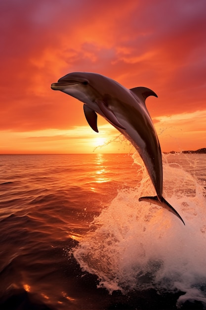 Photo gratuite dauphin sautant au-dessus de l'eau au coucher du soleil