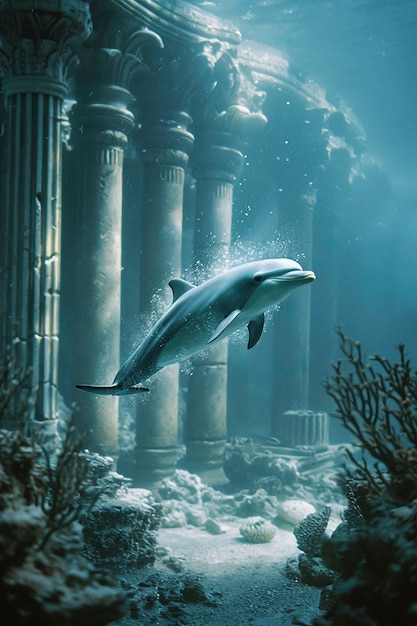 Photo gratuite un dauphin surréaliste parmi les ruines.