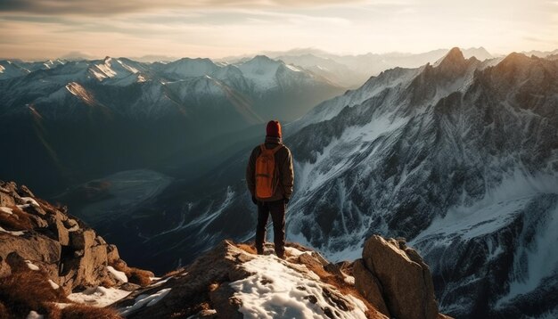 Debout au sommet d'une montagne, un randonneur profite de la solitude générée par l'IA