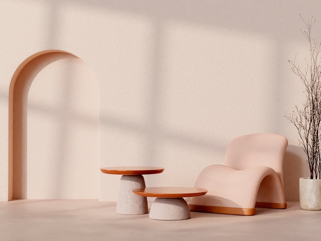 Déco chambre 3D avec mobilier dans des tons beiges minimalistes