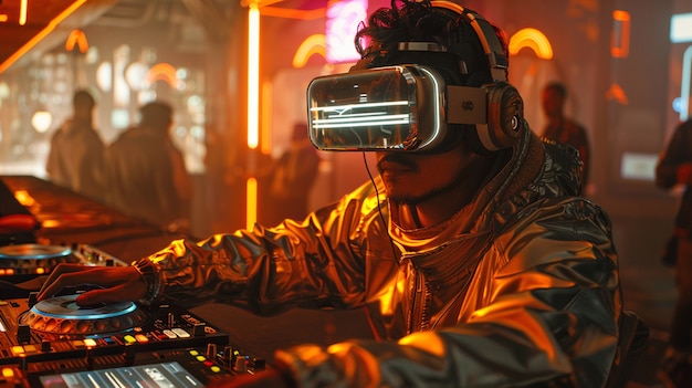 Photo gratuite un décor futuriste avec un dj en charge de la musique en utilisant des lunettes de réalité virtuelle