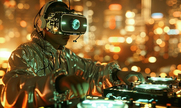 Photo gratuite un décor futuriste avec un dj en charge de la musique en utilisant des lunettes de réalité virtuelle