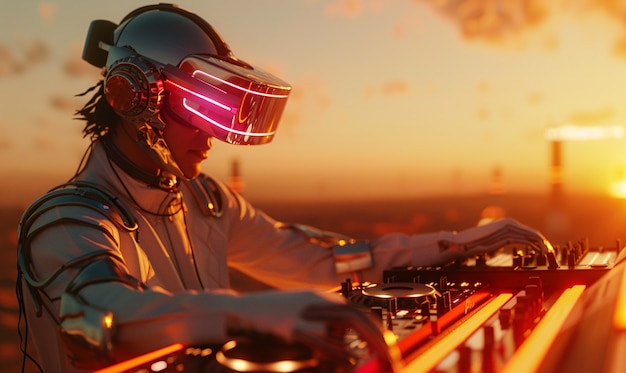 Un décor futuriste avec un DJ en charge de la musique en utilisant des lunettes de réalité virtuelle
