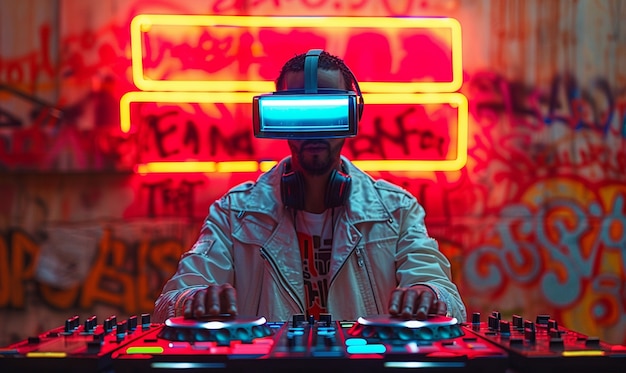 Photo gratuite un décor futuriste avec un dj en charge de la musique en utilisant des lunettes de réalité virtuelle