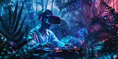 Photo gratuite un décor futuriste avec un dj en charge de la musique en utilisant des lunettes de réalité virtuelle