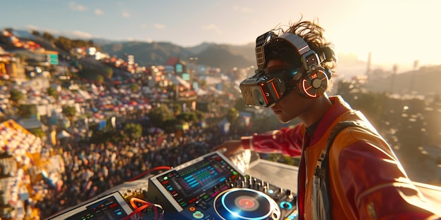 Un décor futuriste avec un DJ en charge de la musique en utilisant des lunettes de réalité virtuelle