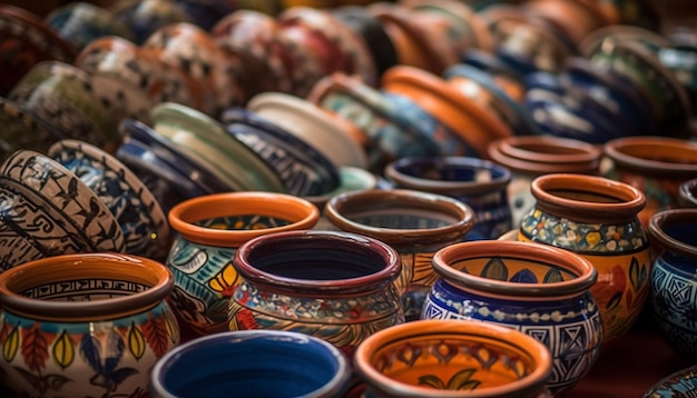 Photo gratuite décoration de bol de poterie souvenir produit d'artisanat multicolore vase en terre cuite maison généré par l'intelligence artificielle