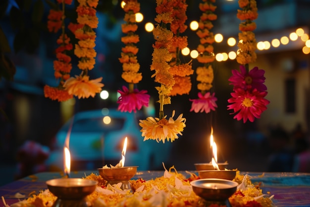 Photo gratuite décoration de bougies navratri très détaillée