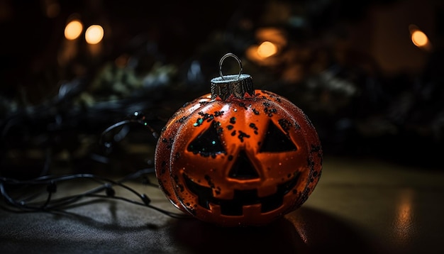 Une décoration de citrouille rougeoyante illumine la nuit effrayante d'Halloween générée par l'IA