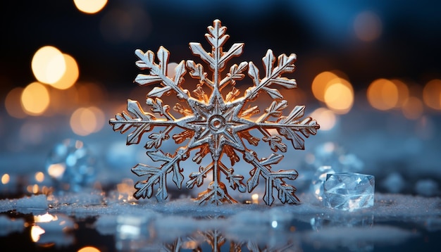 Photo gratuite décoration de flocons de neige dans la nuit d'hiver brillant avec des lumières de noël générées par l'intelligence artificielle