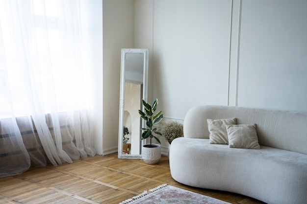 Décoration intérieure avec miroir et plante en pot