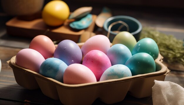 La décoration maison des œufs colorés symbolise les traditions et le christianisme générés par l'IA
