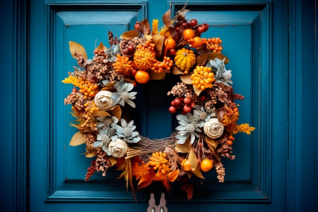 Photo gratuite décoration d'une porte d'une maison avec une couronne ronde de remerciement