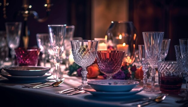 Décoration de table élégante avec cristal et champagne généré par l'IA