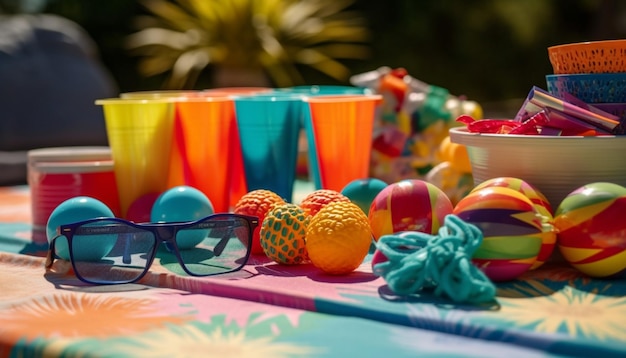 Décoration de table d'été vibrante avec des jouets colorés AI générative