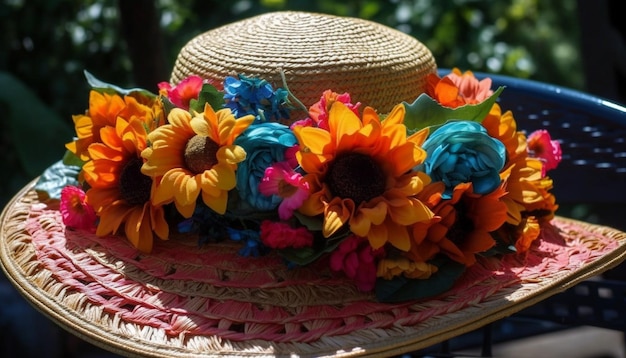 Photo gratuite décoration de tête de fleur fraîche dans un chapeau de paille multicolore généré par l'ia