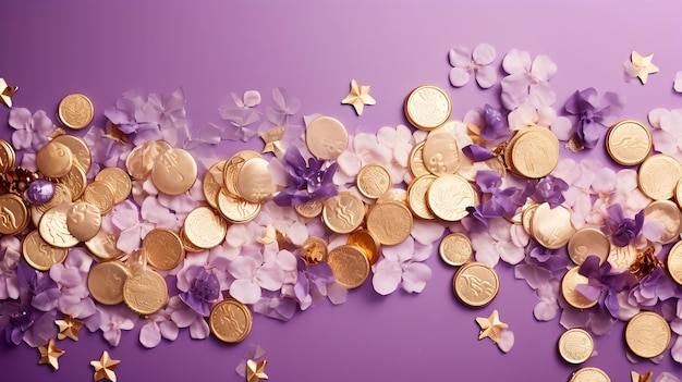 Photo gratuite décorations dorées et paillettes sur fond violet pâle