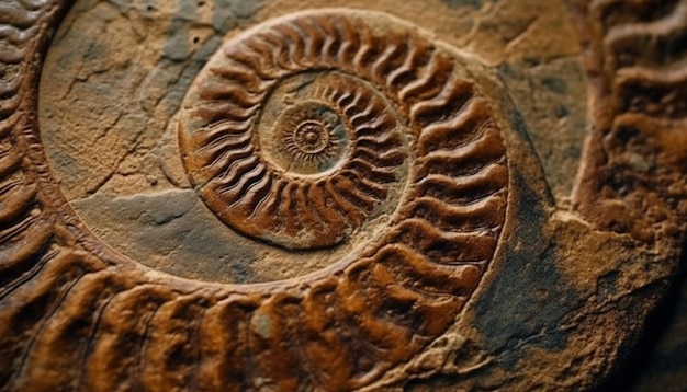 Découverte d'un motif en spirale d'une coquille d'animal éteint fossile d'ammonite ancienne générée par l'IA