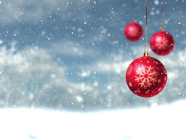 Photo gratuite defocussed paysage d'hiver de noël avec des boules suspendues