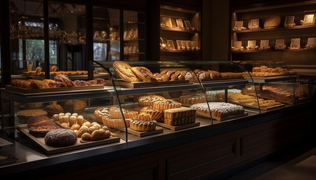 Délices sucrés frais cuits au four sur une étagère de boulangerie rustique générée par l'IA