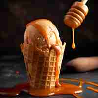 Photo gratuite délicieuse crème glacée avec sauce caramel dans un cône de gaufre sur fond sombre