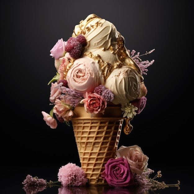 Photo gratuite délicieuse glace avec arrangement de fleurs