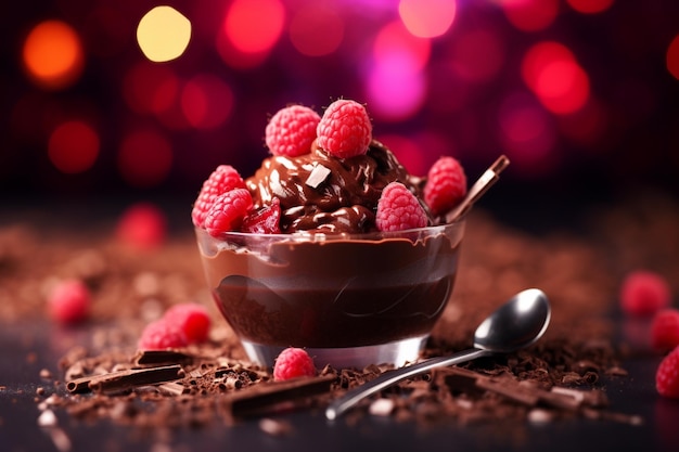 Photo gratuite délicieuse mousse au chocolat avec de la framboise sur le dessus