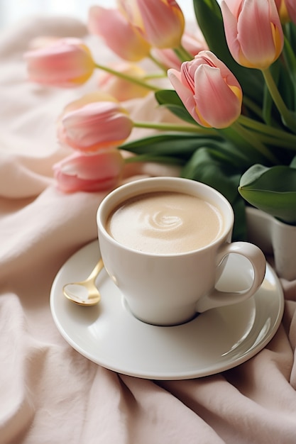 Photo gratuite délicieuse tasse à café avec des plantes