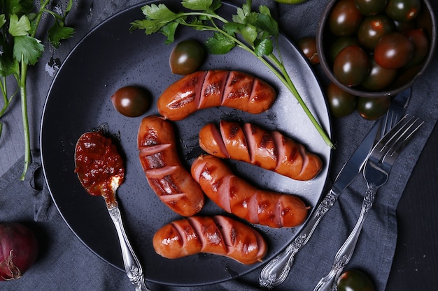 Photo gratuite délicieuses saucisses sur poêle