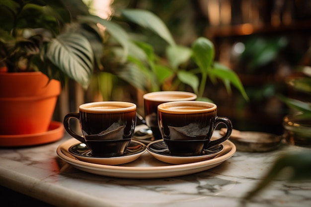 Photo gratuite délicieuses tasses à café avec des plantes