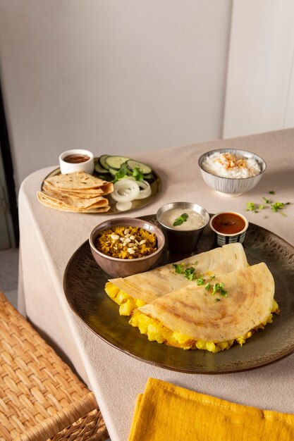 Délicieux arrangement de dosa indien