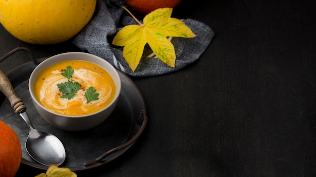 Délicieux arrangement de soupe d'automne avec espace copie