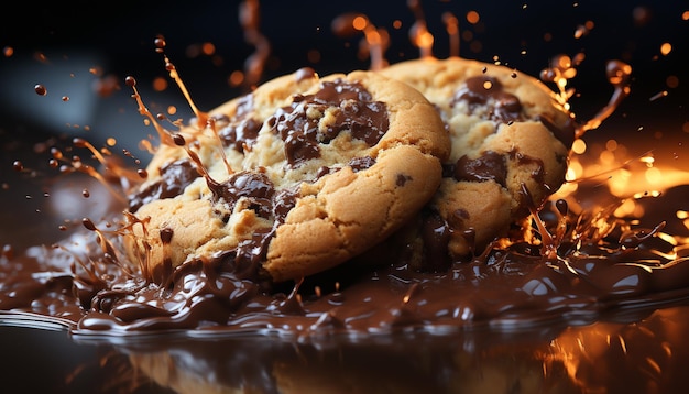 Photo gratuite délicieux biscuit aux pépites de chocolat fait maison sur une plaque de bois générée par l'intelligence artificielle