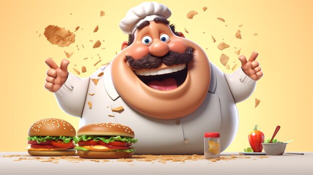 Délicieux burger 3D avec un chef excité