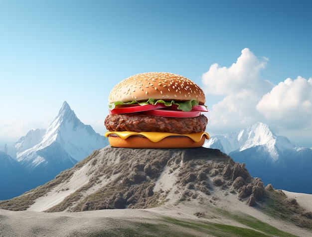 Délicieux burger 3D avec paysage de montagnes