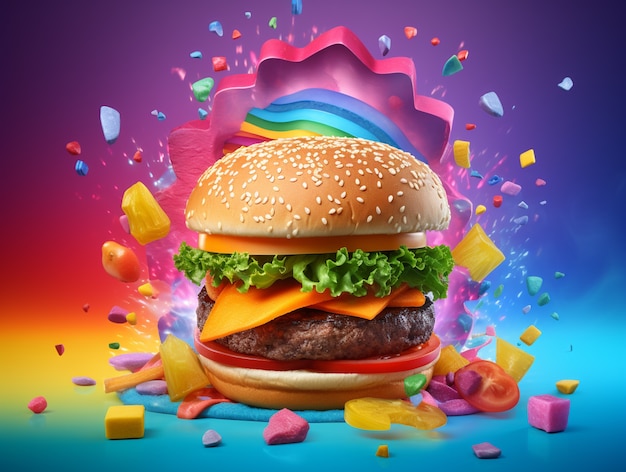 Photo gratuite délicieux burger dans un studio coloré