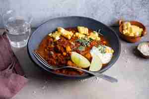 Photo gratuite délicieux chili con carne servi dans un bol sur la table cuisine mexicaine