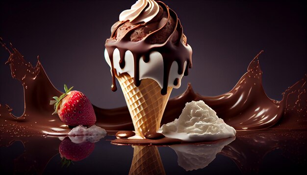 Délicieux cornet de crème glacée au chocolat avec garniture aux fraises AI générative